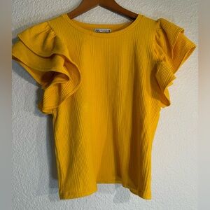 Zara yellow ribbed flutter ruffle-sleeve top. Size L
